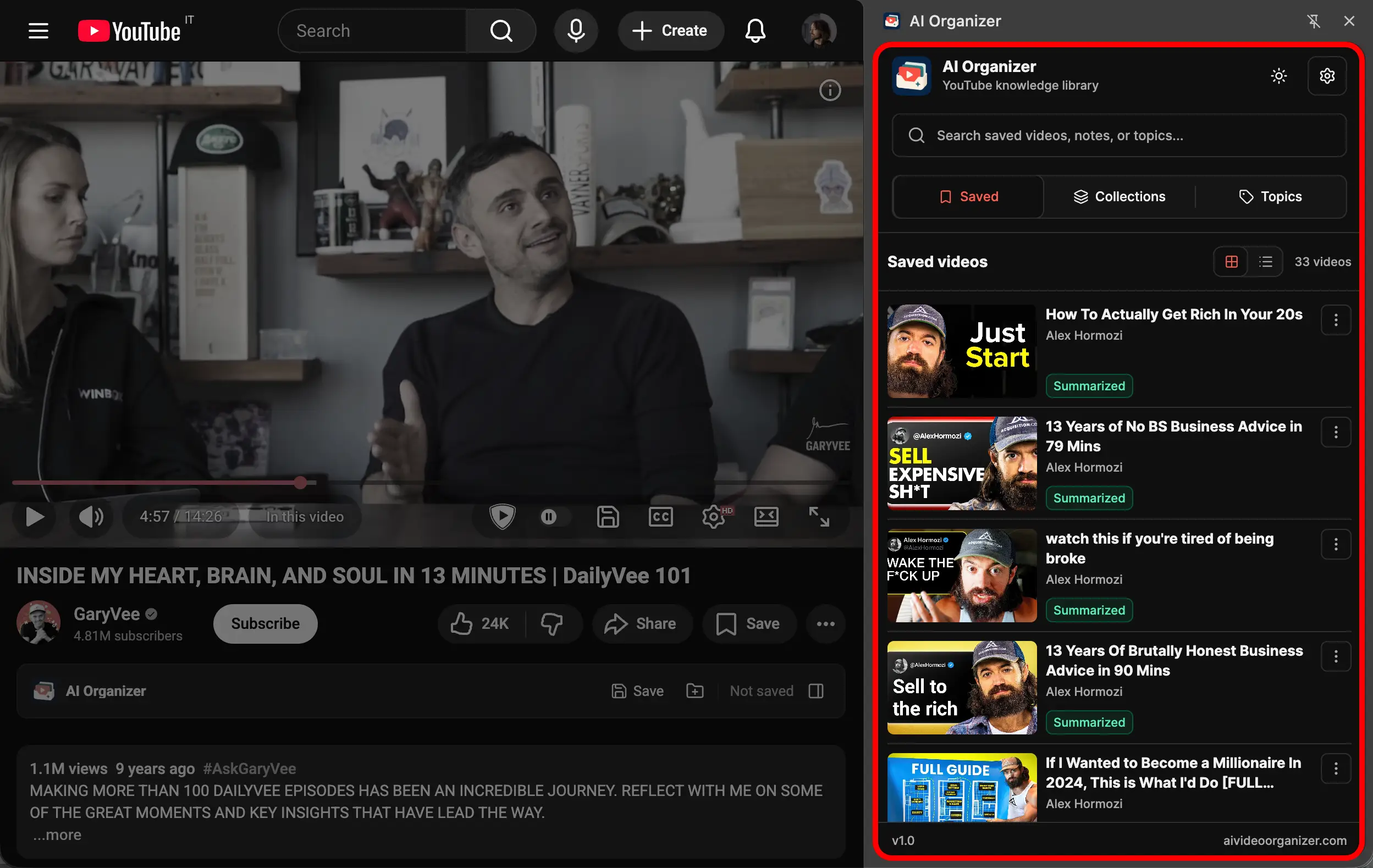 AI Organizer side panel running inside YouTube